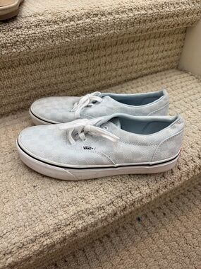 Vans White and Light Blue Checkerboard Lace-Up Sneakers